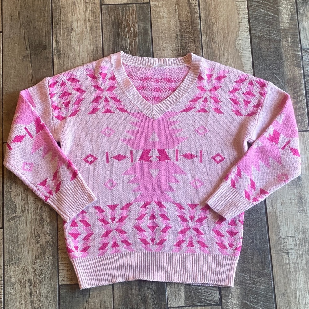 Blue Buttercup Women’s Pink Aztec V-Neck   Boutique Sweater